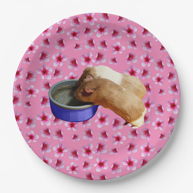 Guinea Pigs On Pink Blossoms,   Paper Plates (Front)
