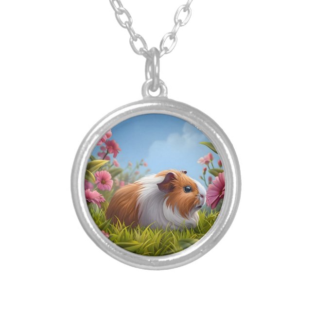 Guinea Pig's Pink Flower Paradise Silver Plated Necklace (Front)