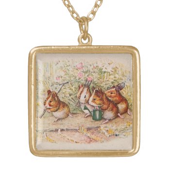 Guinea Pigs Planting In The Garden Gold Plated Necklace by kidslife at Zazzle
