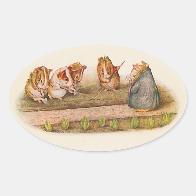 Guinea pigs tending garden oval sticker (Front)