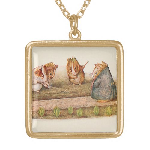 Guinea Pigs Tending the Garden Illustrated Gold Plated Necklace