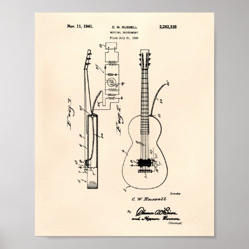 Guitar 1941 Patent Art Old Peper Poster