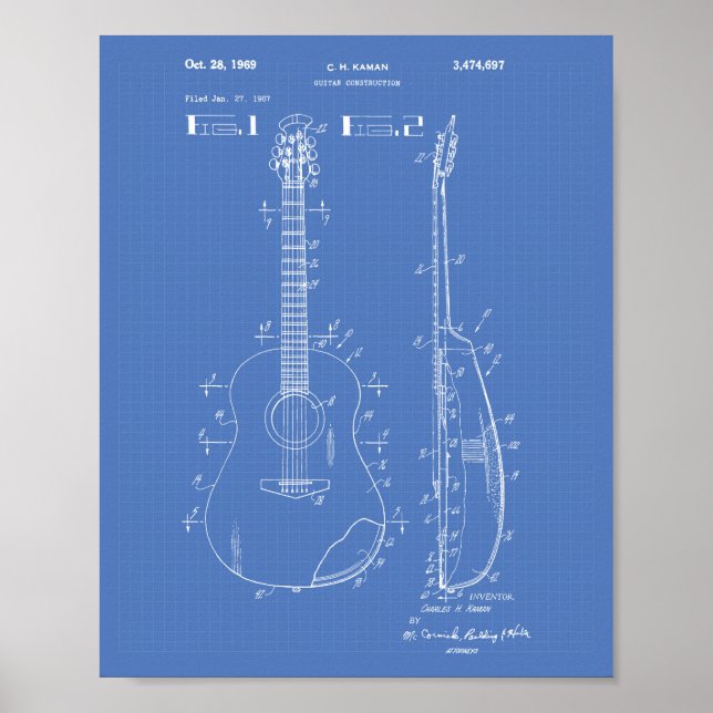 Guitar 1969 Patent Art Blueprint Poster (Front)