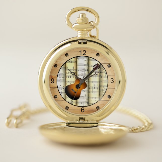 Guitar ~ 3 Dimensional ~ Folk Art Barn Wood ~ Pocket Watch (Inside)