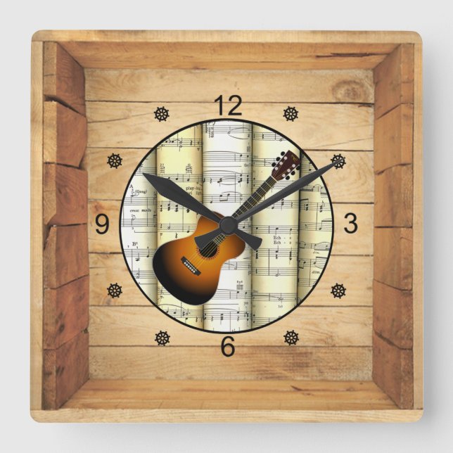 Guitar ~ 3 Dimensional ~ Folk Art Box ~ Square Wall Clock (Front)