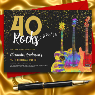 Guitar 40th Birthday Party Black and Gold Glitter Invitation