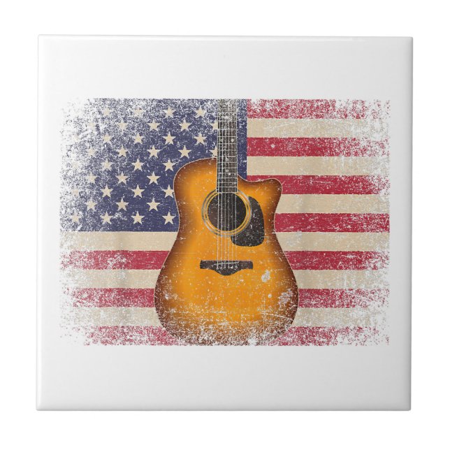 Guitar 4th of July Gift American Flag USA - Countr Ceramic Tile (Front)