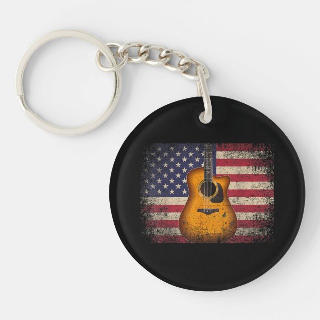 Guitar 4th of July Gift American Flag USA - Countr Keychain (Front)