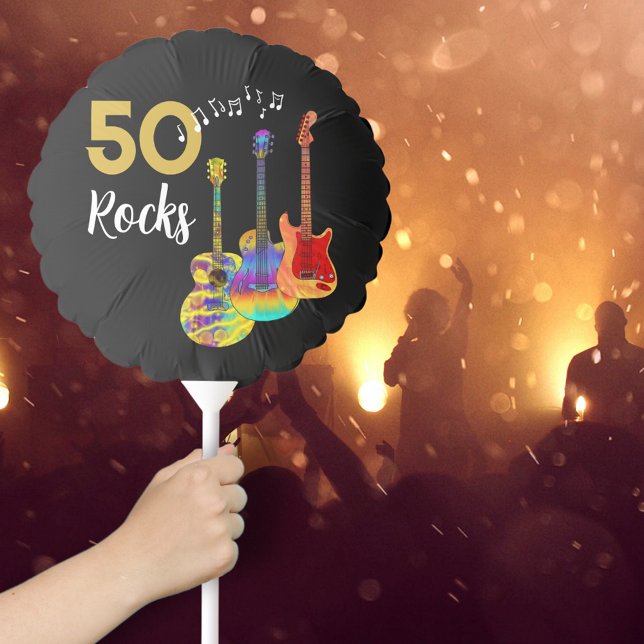 Guitar 50th birthday party 50 rocks balloon (50 rocks black and gold 50th birthday party balloon with colorful guitars )