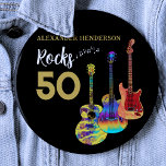 Guitar 50th Birthday Party 50 Rocks Custom  Button<br><div class="desc">Personalized Rocks 50 50th birthday party button with three cool watercolor guitar designs on black background. An electric guitar with Fire flame pattern and red pick guard, a multicolored semi acoustic guitar and a psychedelic classic acoustic guitar art illustration with personalized black and gold modern cool typography. This easy to...</div>