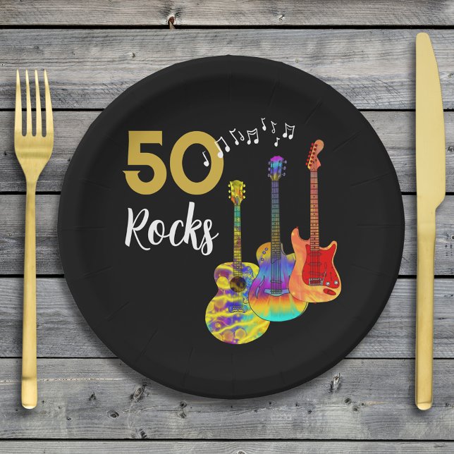 Guitar 50th birthday party 50 rocks paper plates (Rock and roll 50th birthday party funky psychedelic guitars music notes gold typography on Black)