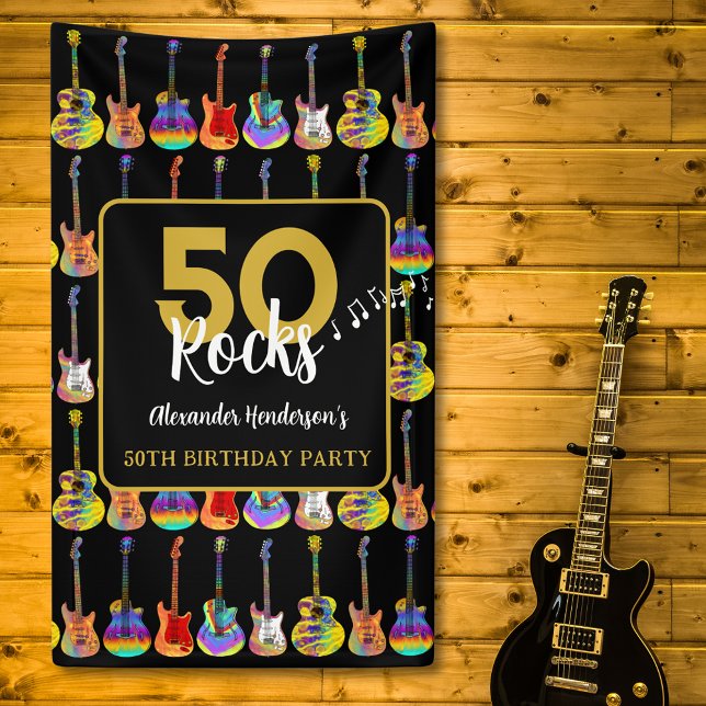 Guitar 50th Birthday Party Add Name Banner (Rock and roll 50th birthday party black and gold custom banner with funky psychedelic guitars)