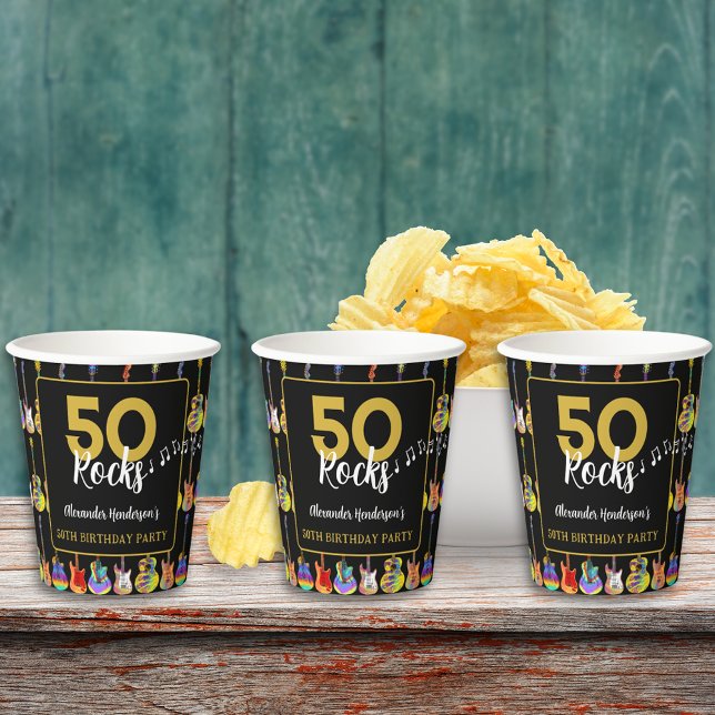 Guitar 50th Birthday Party Custom Paper Cups (Guitar 50th birthday party custom black and gold paper cups)