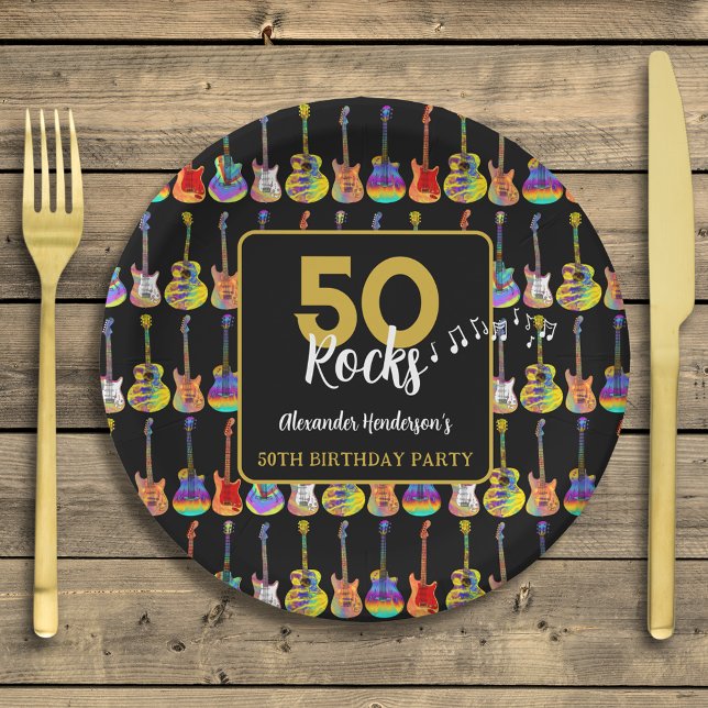 Guitar 50th Birthday Party Custom Paper Plates (Guitar 50th birthday party custom 50 rocks paper plates with modern gold and black typography )