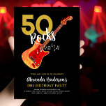Guitar 50th Birthday Party for Him Invitation<br><div class="desc">50 Rocks 50th birthday party invitation with electric guitar with Fire flame pattern and red pick guard illustration on a black background with musical notes. Easy to use templates to create a custom invitation in gold and white modern cool typography calligraphy. A great way to celebrate the fifty milestone birthday...</div>