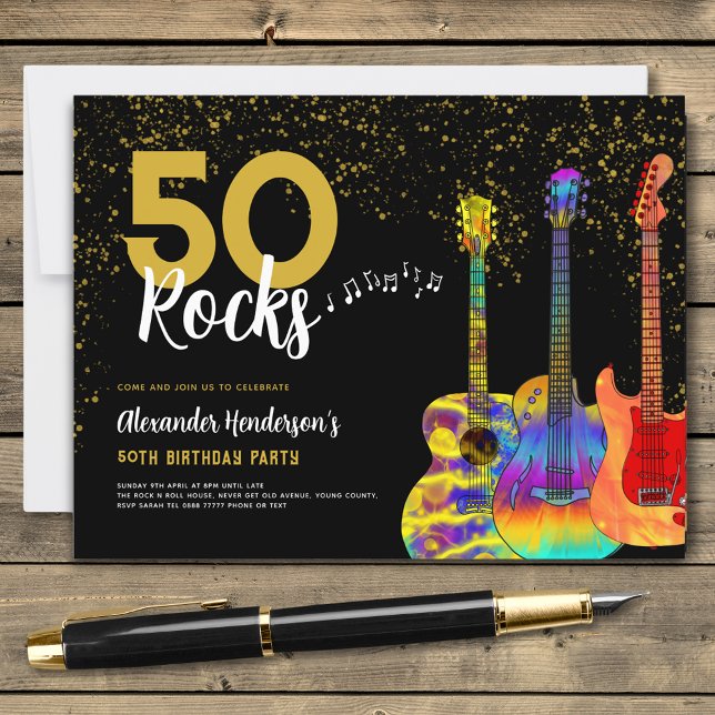 Guitar 50th Birthday Party Invitation Postcard (Psychedelic guitars black and gold 50th birthday party budget invitation postcard 50 rocks)