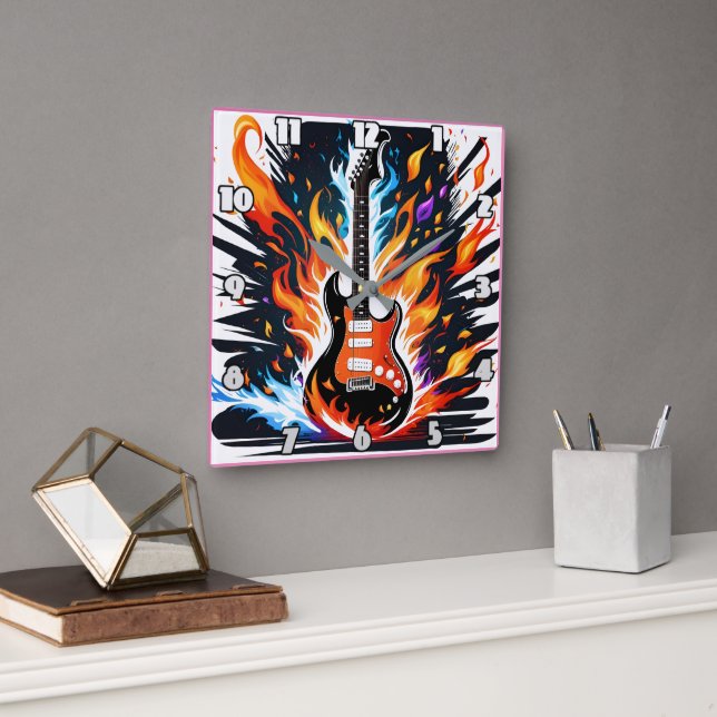 Guitar ablaze with energy in a dynamic display square wall clock (Office)