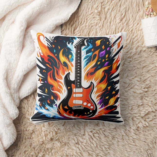 Guitar ablaze with energy in a dynamic display throw pillow (Blanket)