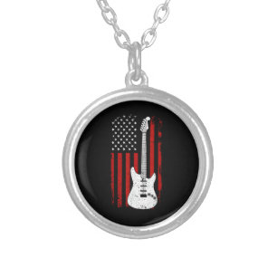Guitar American US Flag Music Player Electric Guit Silver Plated Necklace