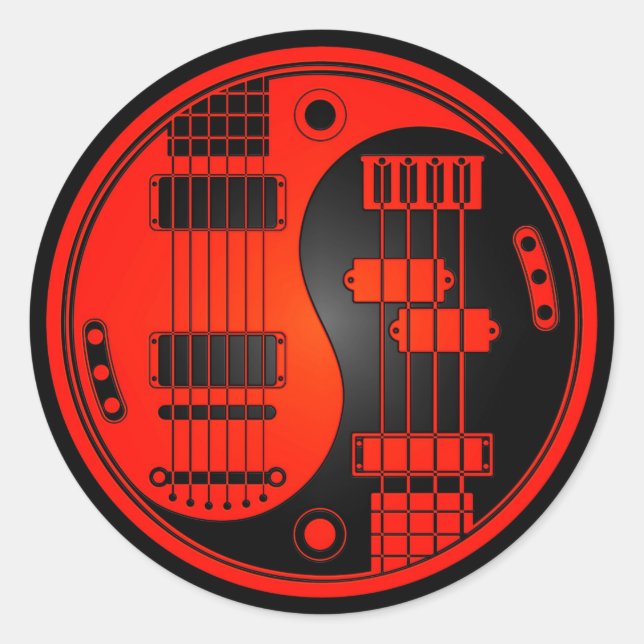Guitar and Bass Yin Yang Red and Black Classic Round Sticker (Front)