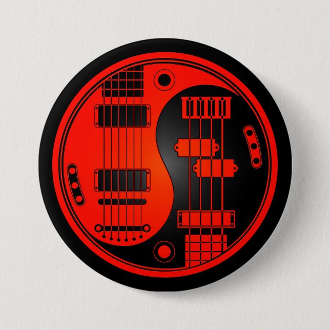 Guitar and Bass Yin Yang Red and Black Pinback Button (Front)