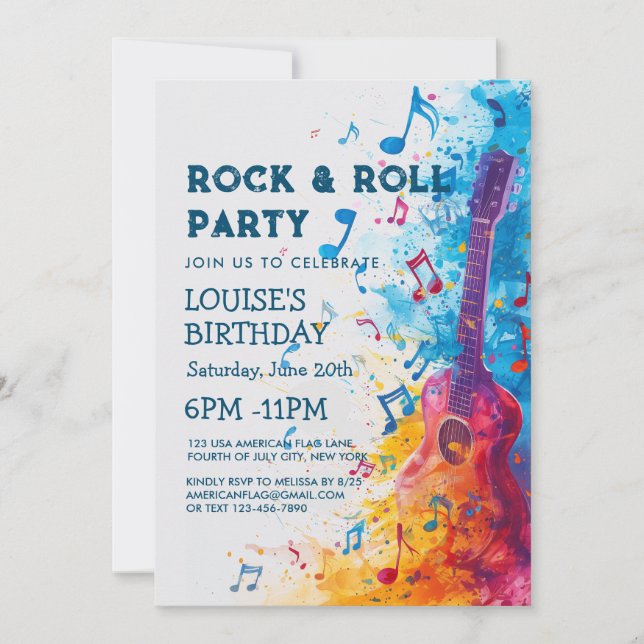 Guitar and  Notes Rock And Roll Party Invitation (Front)