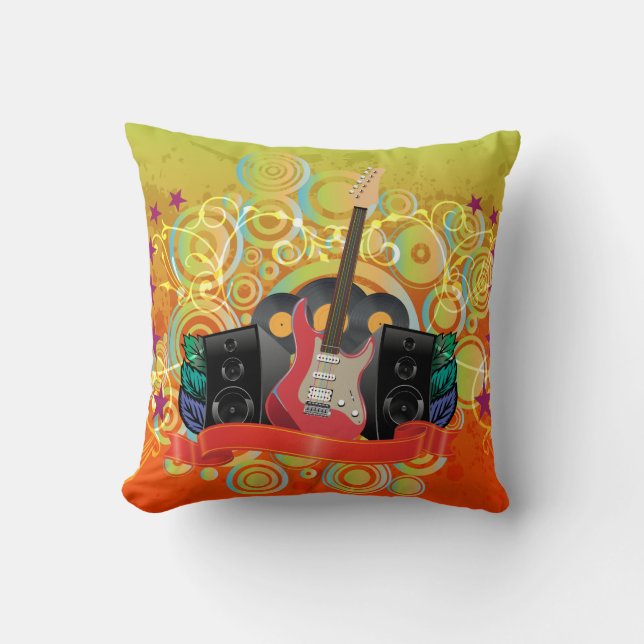 guitar and speakers with funky background throw pillow (Front)