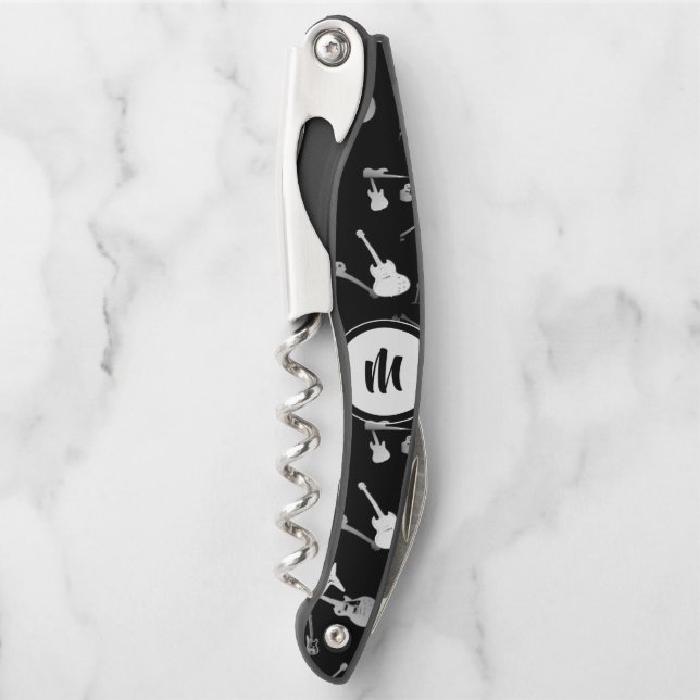 Guitar Bass Jazz Rock Black White Monogram CorkS Waiter's Corkscrew (Front)