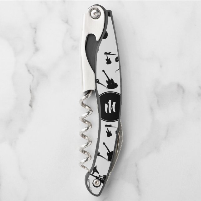 Guitar Bass Jazz Rock White Black Monogram CorkS Waiter's Corkscrew (Front)