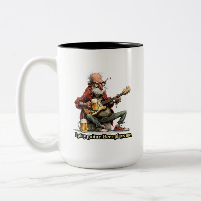 Guitar Beer Humor Musician Funny Tee Two-Tone Coffee Mug (Left)