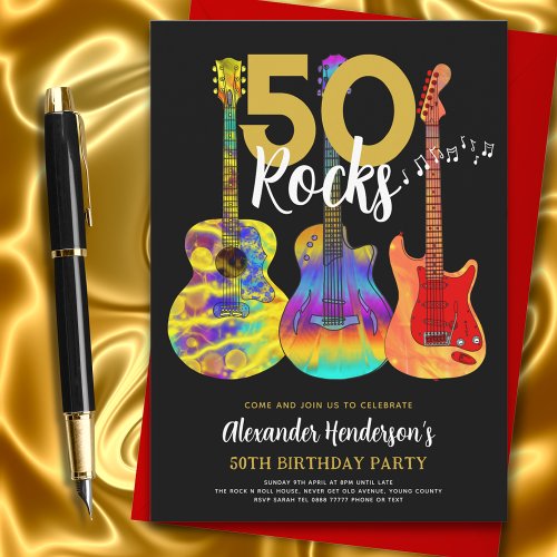 Guitar Black and Gold 50th birthday party  Invitation