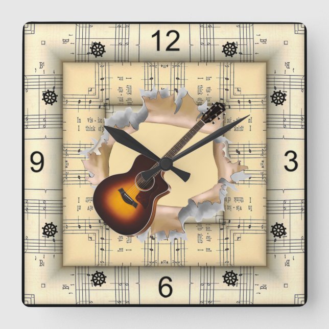 Guitar ~ Breaking Through Strange Sheet Music ~  Square Wall Clock (Front)