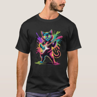 Guitar Cat Poster Style Colorful Paint Splatter Ar T-Shirt