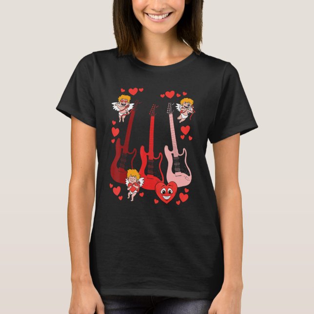 Guitar Cherub Hearts Valentines Day Cute Musician  T-Shirt (Front)