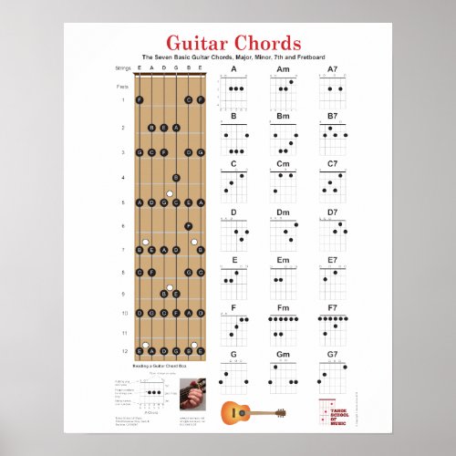 Guitar Chords and Fretboard with Major Notes Poste Poster