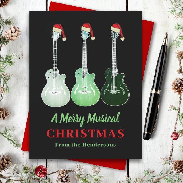 Guitar Christmas Merry Musical Personalized Holiday Postcard (Christmas guitar custom holiday card)