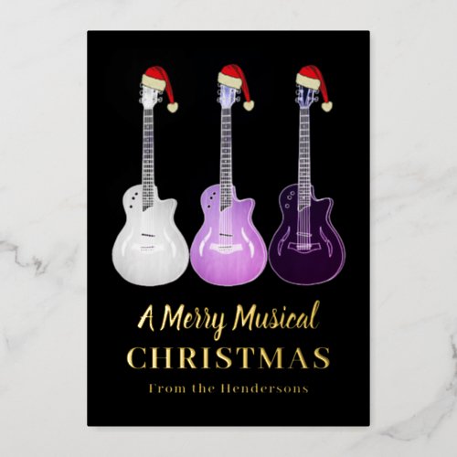 Guitar Christmas Personalized Pink Black Gold Foil Holiday Card