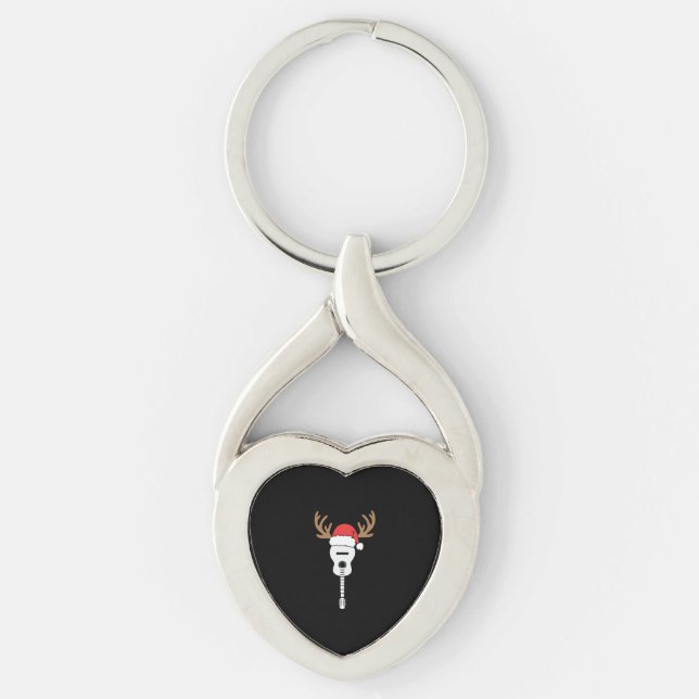 Guitar Christmas Santa Hat Reindeer Keychain (Front)
