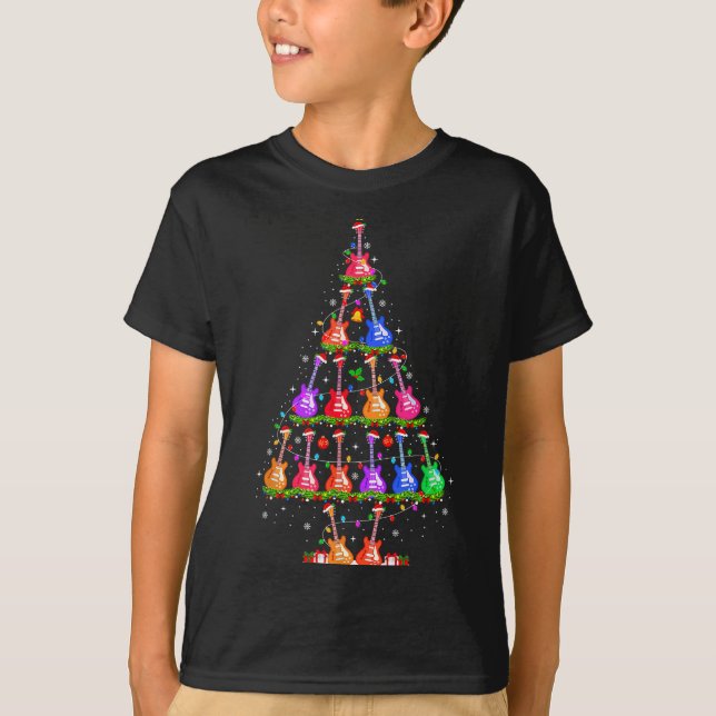 Guitar Christmas Tree Lights Funny Xmas Pajamas Gu T-Shirt (Front)