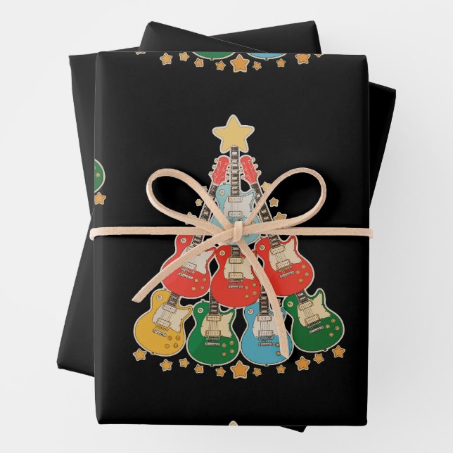 Guitar Christmas Tree Xmas Matching Family Holiday Wrapping Paper Sheets (In situ)