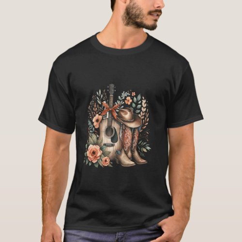 Guitar Country Music Cowgirl Boots Floral T-Shirt