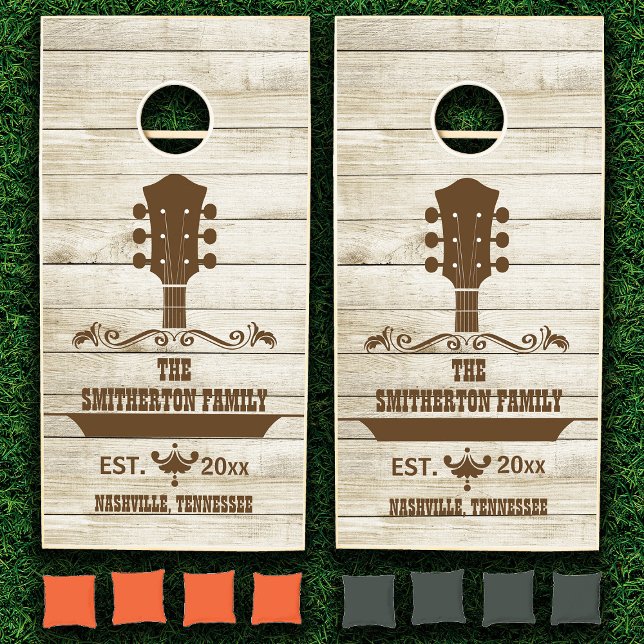 Guitar Country Music Rustic Wood Family Name Cornhole Set (Rustic country music/guitar custom cornhole set personalized with your own text.)