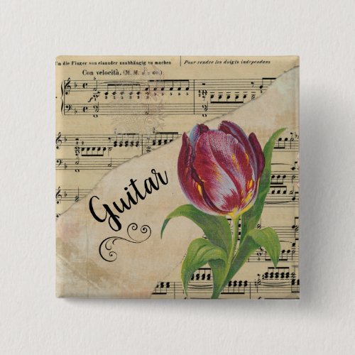 Guitar Elegant Tulip Vintage Sheet Music Square Button