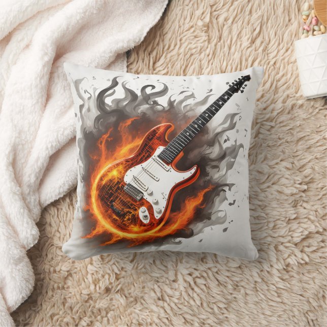 Guitar engulfed in vibrant flames and music notes throw pillow (Blanket)