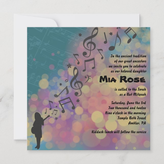 Guitar Girl Bat Bar Mitzvah Invitation (Front)