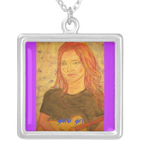 guitar girl silver plated necklace