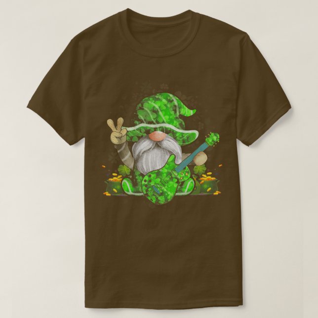 Guitar Gnomes Green Shamrock Patricks Day  T-Shirt (Design Front)