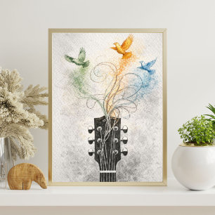 guitar headstock art flying birds illustration poster