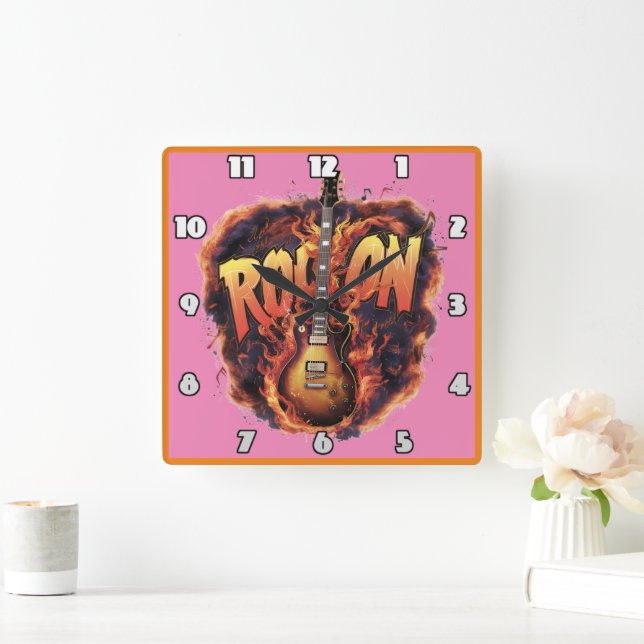 Guitar ignites passion in fiery rock celebration square wall clock (Home)