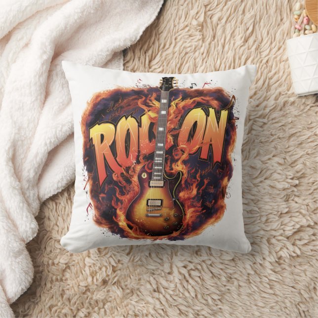 Guitar ignites passion in fiery rock celebration throw pillow (Blanket)